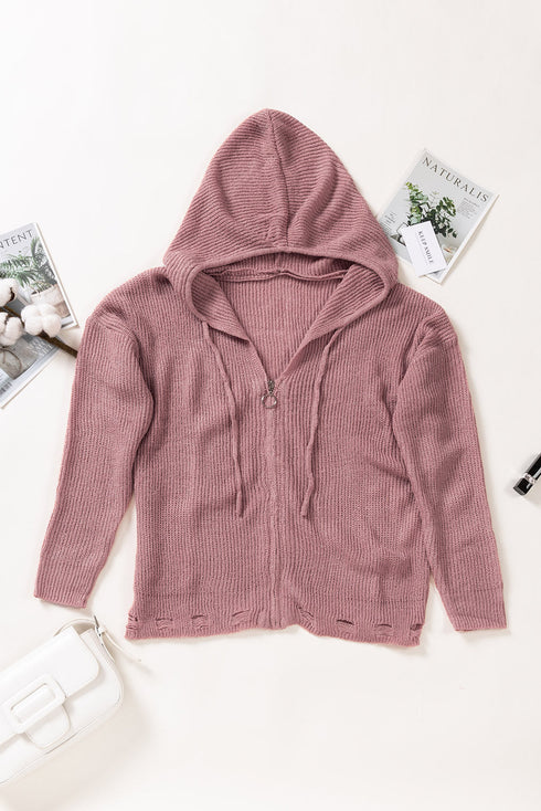 Zipper V-Neck Dropped Sleeve Hooded Solid Sweater